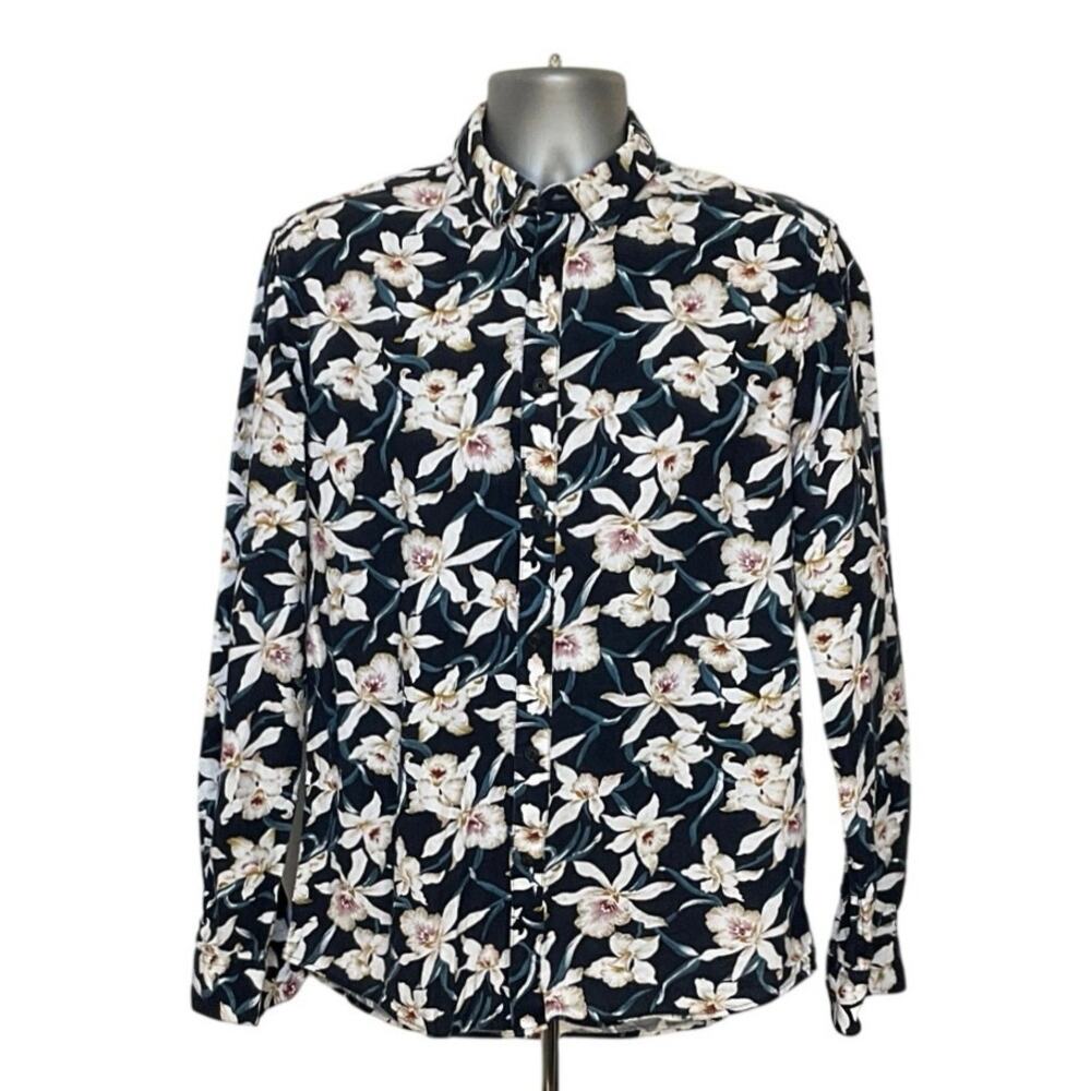 Solid Floral Button Up Shirt Mens Large Blue White Cotton Casual Long Sleeve